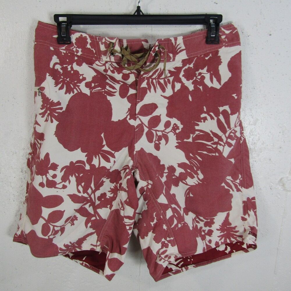 Patagonia Men's Size 34 Red White Floral Nylon Drawstring Board Shorts Swim
